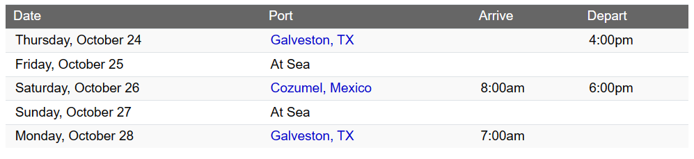 Mariner Itinerary Only